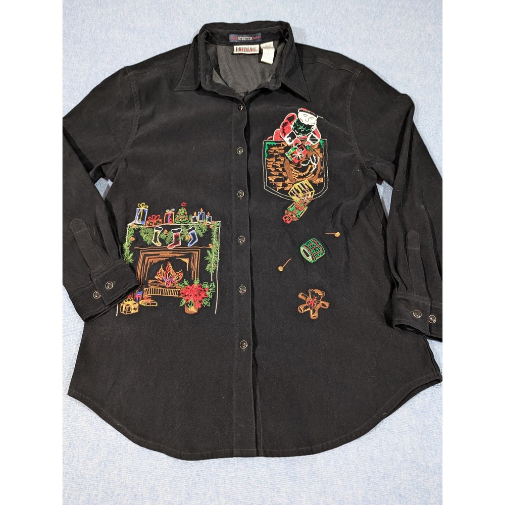 Bill Blass Jeans Womens Christmas Embroidered Button Front Shirt Black Large VTG